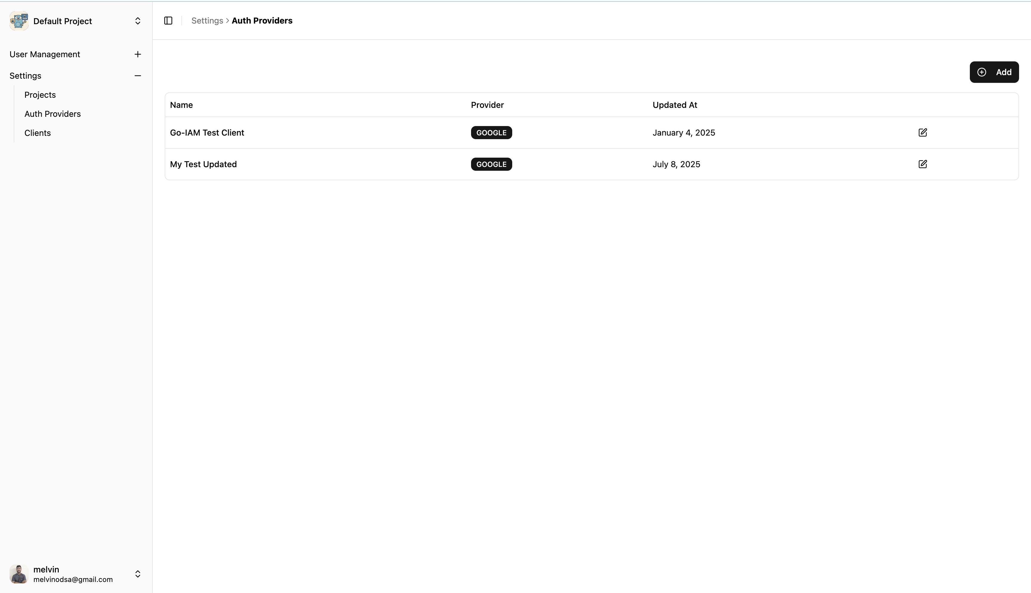 List Auth Providers Page
