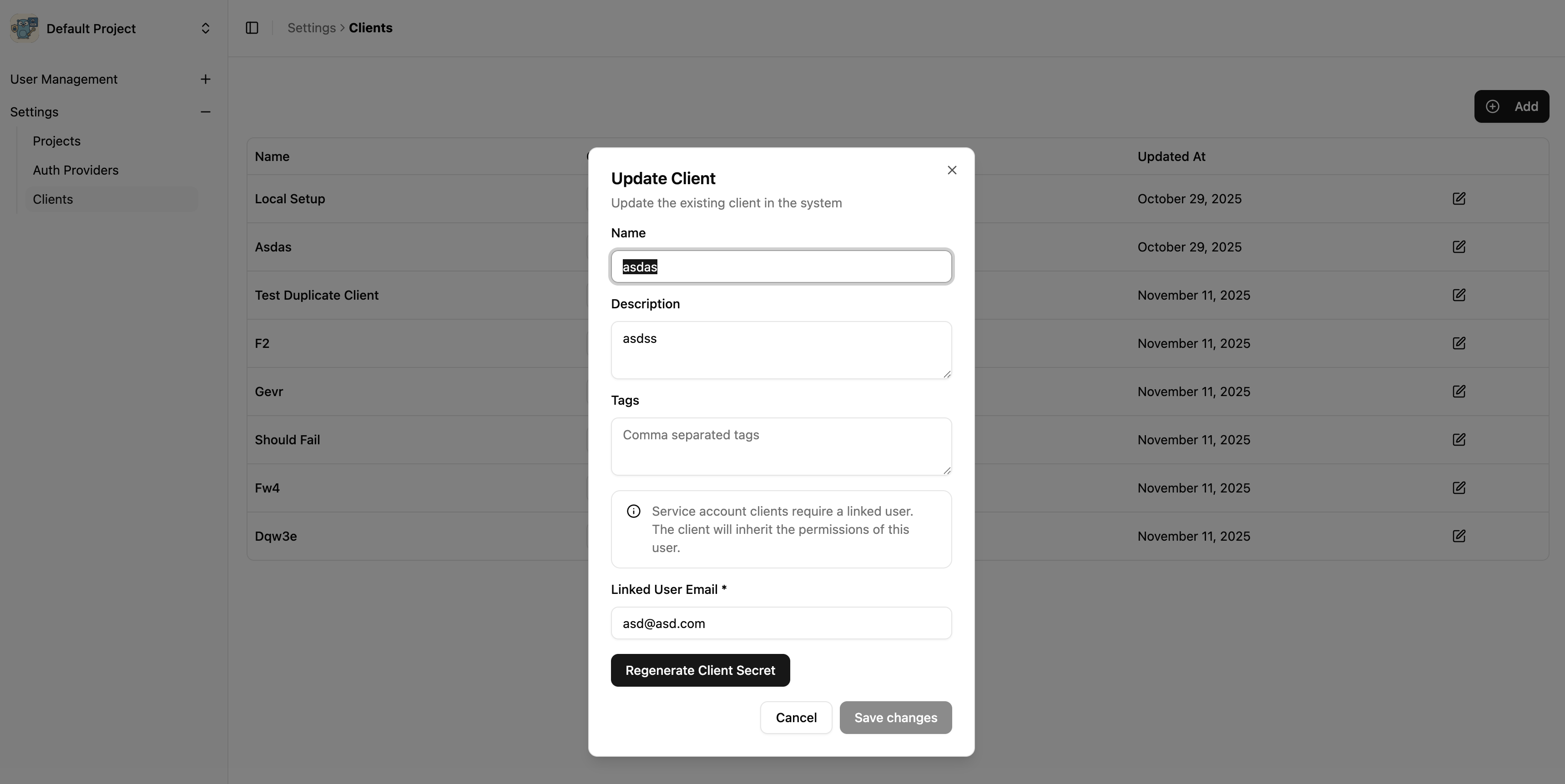 Client Update with Service Account Widget